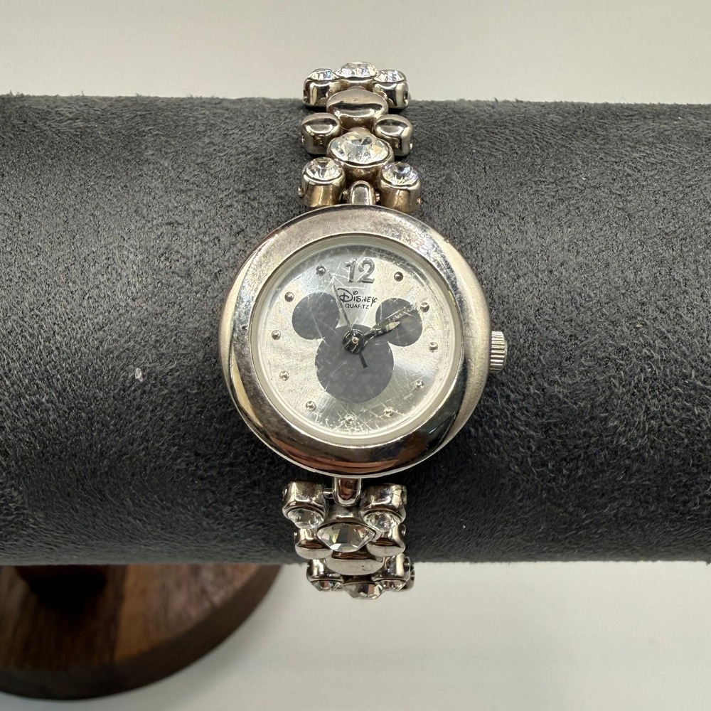Disney Time Works Mickey‎ Mouse Silver Tone Rhinestone Link Bracelet Watch 3ATM